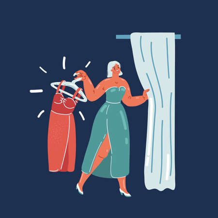 Cartoon vector illustration of shopping, fashion, clothes happy woman trying dress in clothing store over dark backroundのイラスト素材