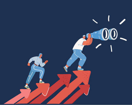 Cartoon vector illustration of woman step arrow up on dark backround.のイラスト素材