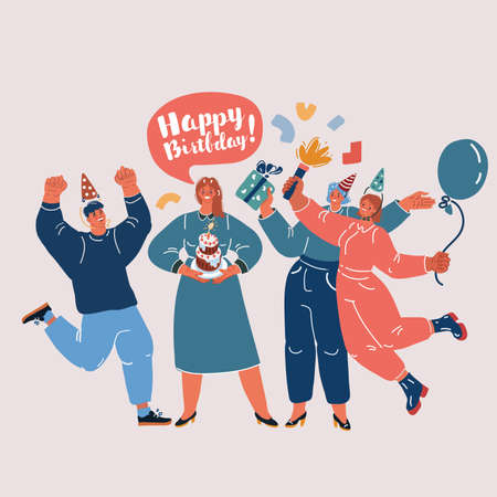 Cartoon vector illustration of Happy friends are celebrating birthday. Woman congratulating you on your birthday with cake. People having fun at the party.のイラスト素材