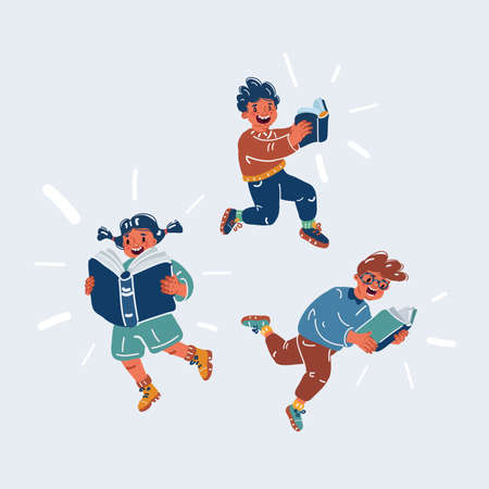 Cartoon vector illustration of Boys and girl flying on a book. Kids reading club. book crossing. education concept.のイラスト素材