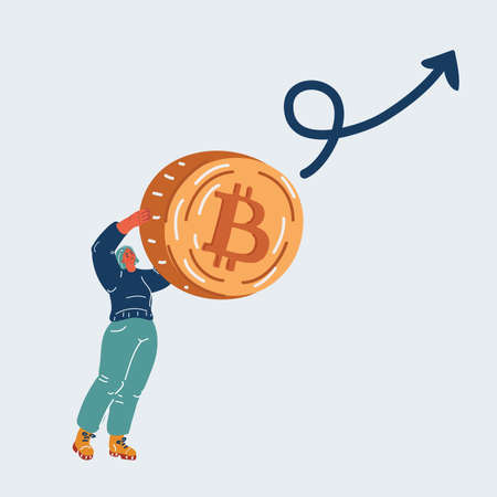 Cartoon vector illustration of Young woman holding big giant bitcoin cryptocurrency as electronic payment.のイラスト素材