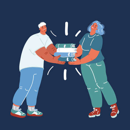 Cartoon vector illustration of people give each other books. Book festival Library, education theme. A persons are reading a book. Theme of bookcrossing over dark backroundのイラスト素材