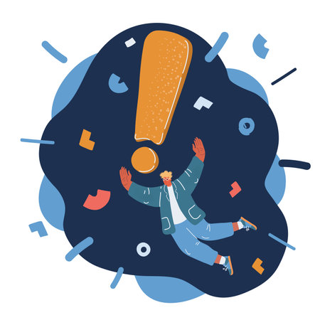 Cartoon vector illustration of Young businessman hold exclamation mark and fly over dark backroundのイラスト素材