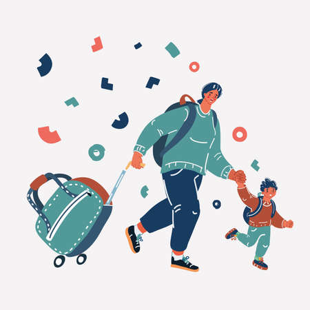 Cartoon vector illustration of little boy with Mother run in refugee shelterのイラスト素材