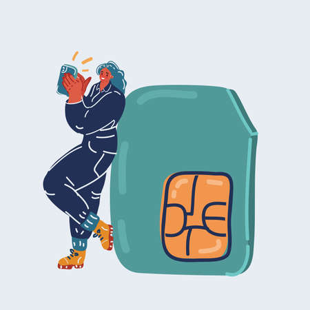 Cartoon vector illustration of woman using smartphone while she leaning on big SIM card.のイラスト素材