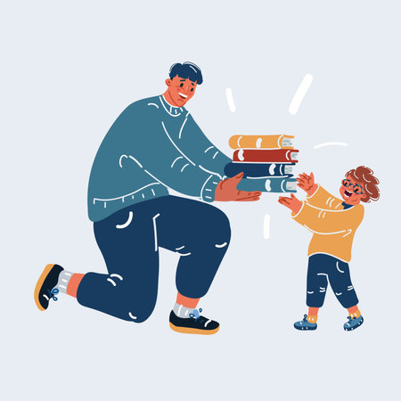 Cartoon vector illustration of man offering stack of books to little student boy.のイラスト素材