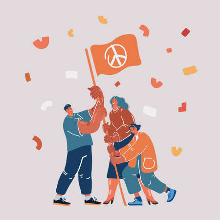 Cartoon vector illustration of people raising flag peace sign with on hilltopのイラスト素材