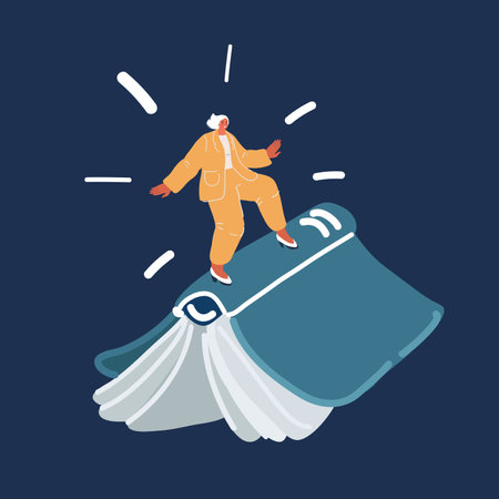 Cartoon vector illustration of elegant young woman levitating in air on reading book over dark backroundのイラスト素材