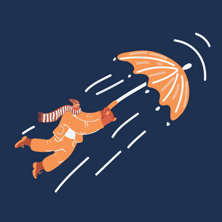 Cartoon vector illustration of Image of businessman holding umbrella and flying over dark backroundのイラスト素材
