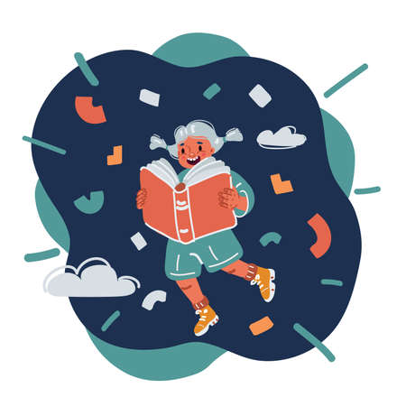 Cartoon vector illustration of Back To School concept. Girl read book and fly over dark backgroundのイラスト素材
