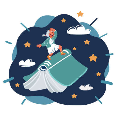cartoon vector illustration of girl flying at book over dark backgroundのイラスト素材