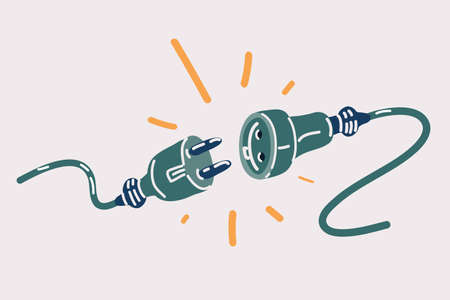 Vector cartoon illustration of Electric socket with a plug. Connection and disconnect concept. Concept of 404 error connection. Electric plug and outlet socket unplugged. Wire, cable of energy disconnectのイラスト素材