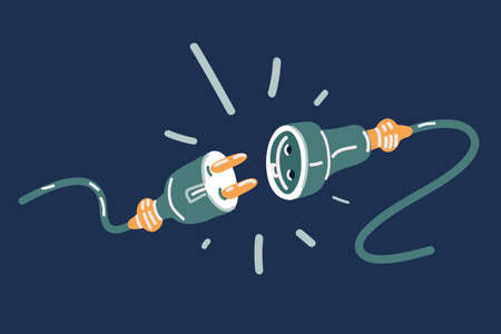 Cartoon vector illustration of Electric socket with a plug. Connection and disconnect concept. Concept of 404 error connection. Electric plug and outlet socket unplugged. Wire, cable of energy disconnect over dark backgroundのイラスト素材
