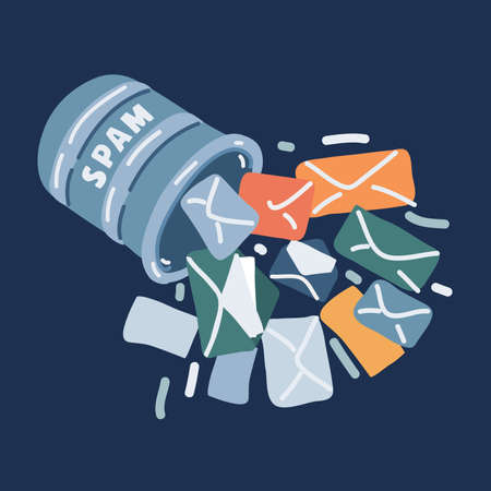 Cartoon vector illustration of mail envelope in bucket of spam. Lot of mail over dark backgroundのイラスト素材