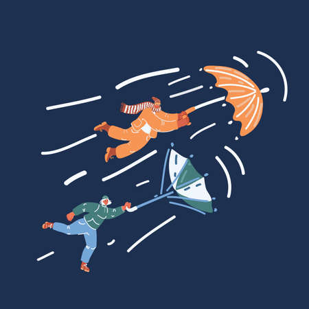 Cartoon vector illustration of Man and woman fly with umbrella with wind storm. Cold autumn weather concept over dark backgroundのイラスト素材