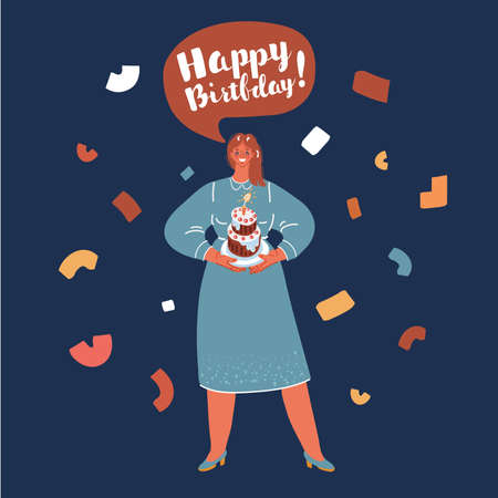 Cartoon vector illustration of woman celebrating birthday holding cake over dark backgroundのイラスト素材
