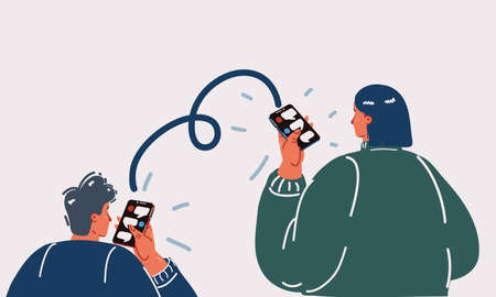 Cartoon vector illustration of two people holding smartphones and chatting with each other. global communication concept. rear viewのイラスト素材