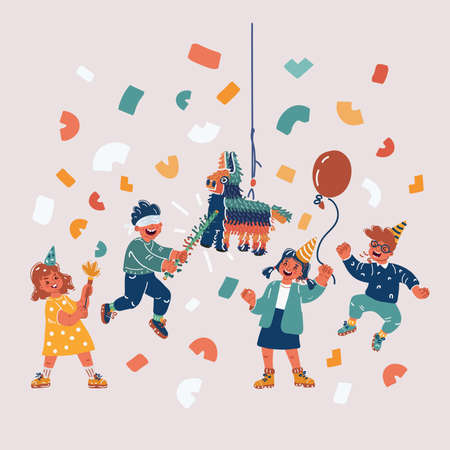 Vector illustration of Children celebrating birthday in park. Group of children smash pinata with a bat at birthday party. Children having fun and playingのイラスト素材