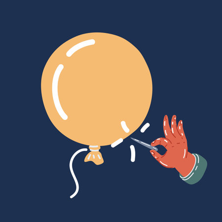 Cartoon vector illustration of air balloon. Man hold needle directed to air balloon. Concept of risk over dark backroundのイラスト素材