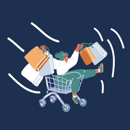 Cartoon vector illustration of Side view of young women screaming and riding shopping with her purchases over dark backroundのイラスト素材