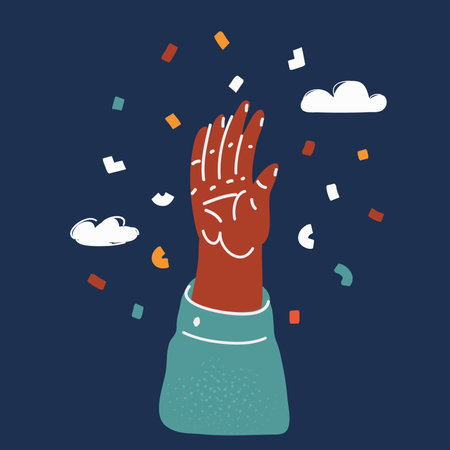 Cartoon vector illustration of black Hands Raised Up over dark backgroundのイラスト素材