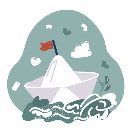 Cartoon vector illustration of paper ship in wavesのイラスト素材