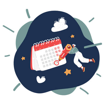 Cartoon vector illustration of Planner and Calendar for 2021. Online work plan at home. Woman make mark in calendar over black backgroundのイラスト素材