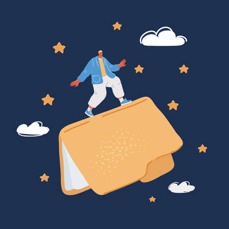 Cartoon vector illustration of Funny man fly on big folder. office work concept over dark backroundのイラスト素材