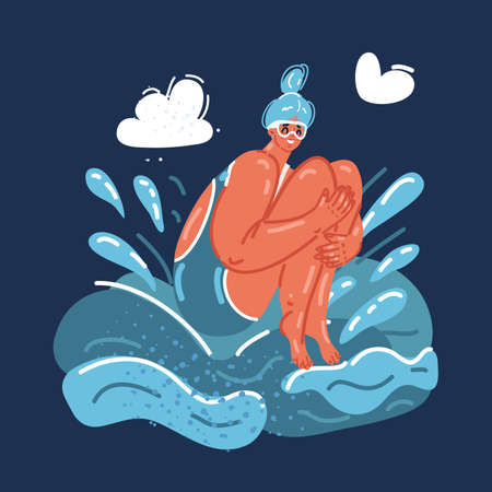 Cartoon vector illustration of Young smiling woman dives into the sea over dark backroundのイラスト素材