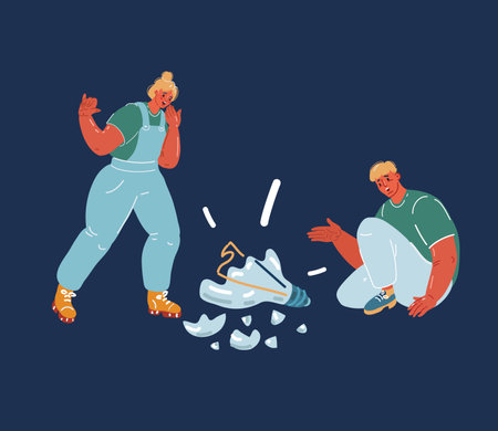 Cartoon vector illustration of Man and woman broken light bulb. Concept of no idea, no clue, challenge. Failing in solving problems or searching for solutions over dark backroundのイラスト素材