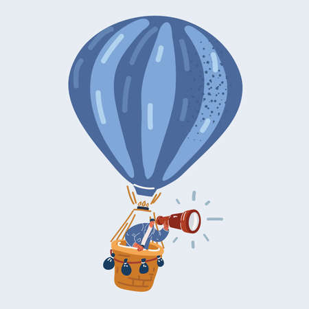 Cartoon vector illustration of businessman flying on hot air balloon and looking through spyglass or hand-held telescope.のイラスト素材