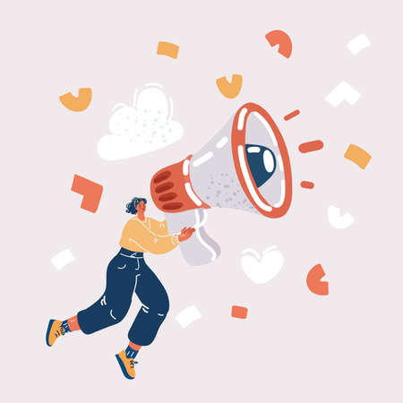 Cartoon vector illustration of woman advertiser, marketer spreads information on sites, social networks, flying with a loudspeaker.のイラスト素材
