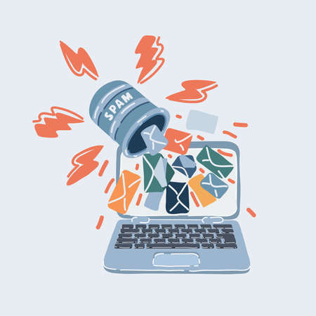 Cartoon vector illustration of lot of mail envelopes and new message, email notification with letters spills out of spam can at laptop screenのイラスト素材
