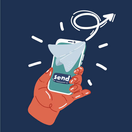 Cartoon vector illustration of Mobile Send the paper over dark background