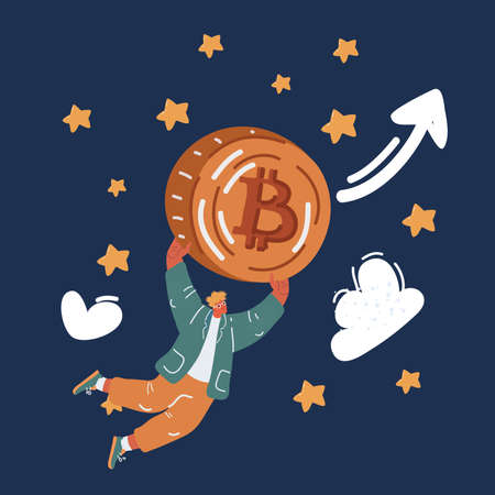 Cartoon vector illustration of man flying with big bitcoin in sky over dark backgroundのイラスト素材