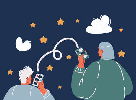 Cartoon vector illustration of couple or friends using smart phones and send each each other messages over dark backgroundのイラスト素材