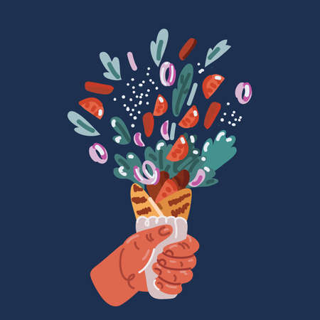 Cartoon vector illustration of Woman holding tasty chicken shawarma over dark backgroundのイラスト素材