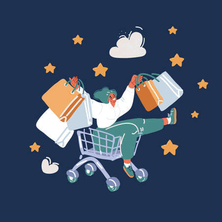 Cartoon vector illustration of cute excited young woman sitting in shopping cart holding bags. Happy character at night sale over dark backgroundのイラスト素材
