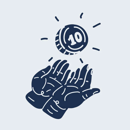 Cartoon vector illustration of hands catching a coin. black and white imageのイラスト素材