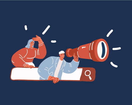 Cartoon vector illustration of ?areer or job search, new job search through website. browser search bar. Search for employees new vacancies. Opportunity for job through spyglass over dark backgroundのイラスト素材