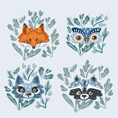 Cartoon vector illustration of cute animals. Owl, raccoon, fox, wolfのイラスト素材
