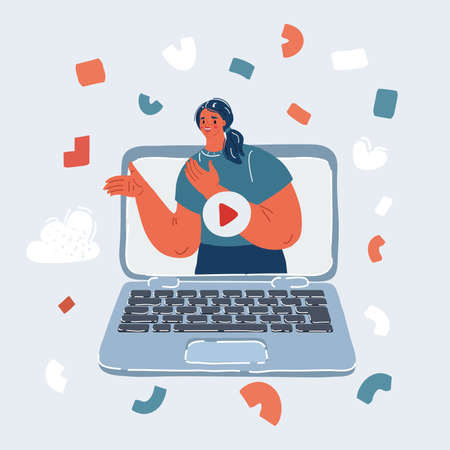Cartoon vector illustration of woman in video on laptop screen.のイラスト素材