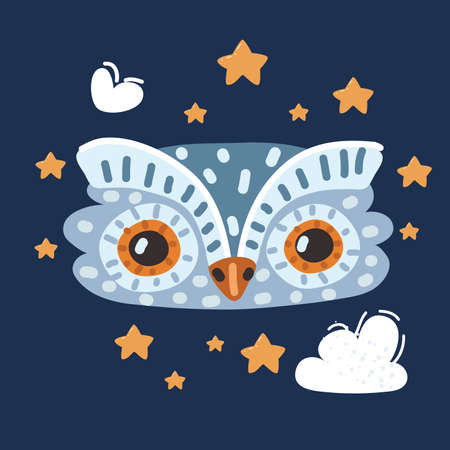 Cartoon vector illustration of an Owl face over dark backgroundのイラスト素材