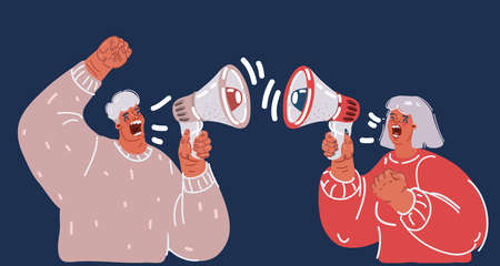 Cartoon vector illustration of people, couple cry each other in loudspeacker over dark backroundのイラスト素材