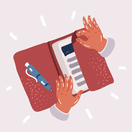 Cartoon vector illustration of hand takes out a document sheet from folder. office supplies. Isolated on white workspace accessory.のイラスト素材