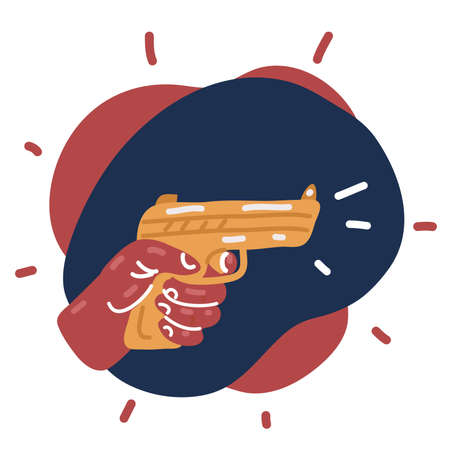 Cartoon vector illustration of hand holds the gun. The hand shoots the pistol with bullets over dark...