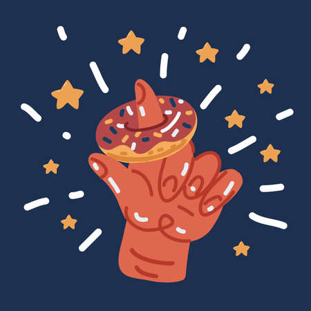 Cartoon vector illustration of donut is balanced on the index finger over dark backgroundのイラスト素材