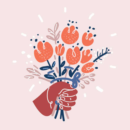 Cartoon vector illustration of Hand holding a bouquet of different flowers.のイラスト素材