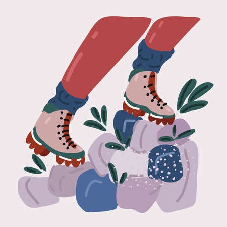 Cartoon vector illustration of legs hiking in mountains or forest with sport hiking shoes walking trough forest path wearing mountain boots.のイラスト素材