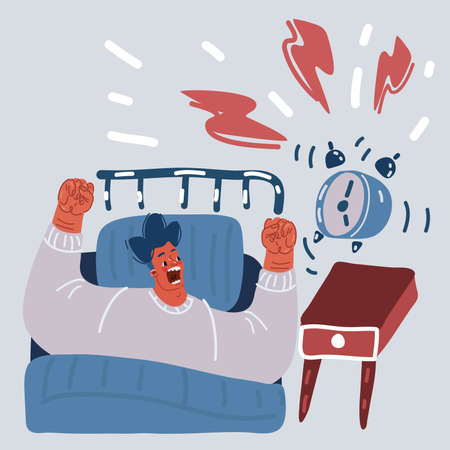 Cartoon vector illustration of Hand turns off the alarm clock waking up at morning.のイラスト素材